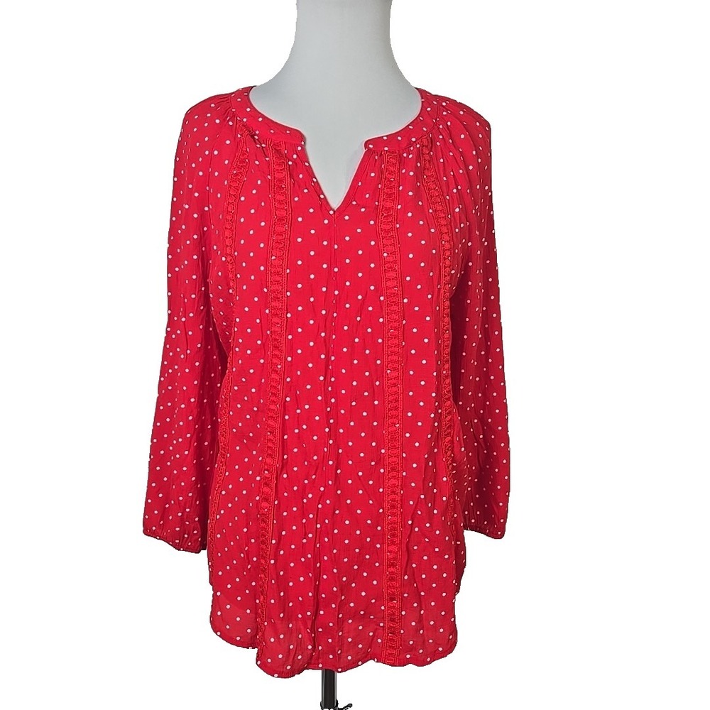 Counterparts Red Dot Print Embroidered 3/4 Sleeve Blouse Top Size Large L